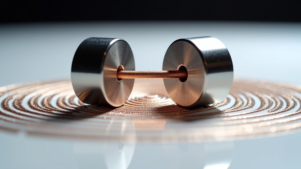 A close-up of two neodymium magnets attracting each other with visible magnetic field lines made of iron filings.