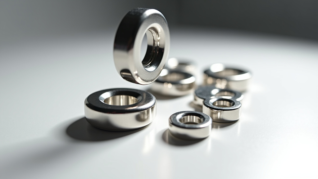 A close-up image of several silvery neodymium magnets arranged elegantly on a white surface, one hovering above the others due to magnetic force.