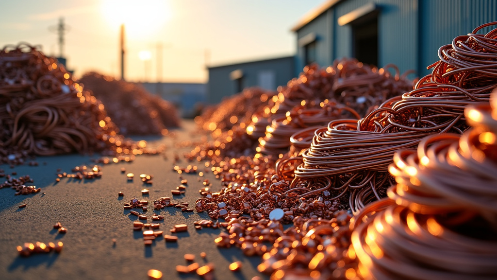 A clean, organized scrap metal yard with copper wire and metal components in natural sunlight.