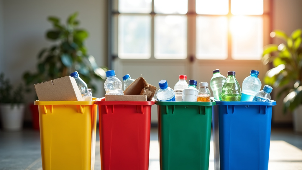 A modern photo of three color-coded recycling bins in a bright garage.