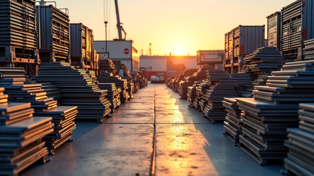 A pristine, organized scrap metal yard during golden hour with sorted piles of materials.