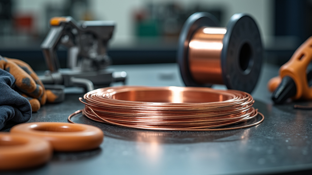 A professional workbench featuring neatly coiled copper wire strips, unstripped wire, and a wire stripping tool in a modern industrial setting.