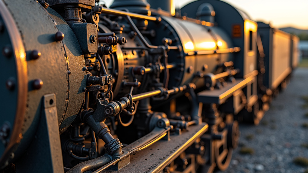 Close-up of a vintage locomotive in a recycling yard, with exposed copper wiring and steel components.