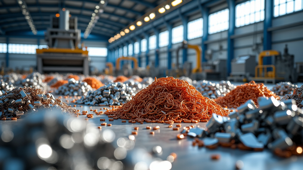 A photorealistic industrial scene showcasing neatly sorted metal scraps in a recycling facility under natural lighting.