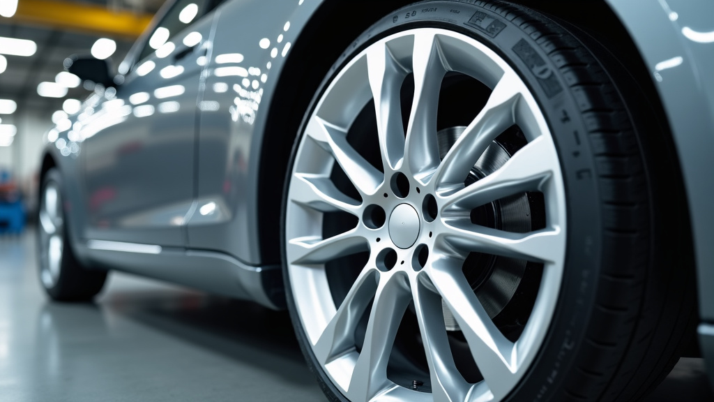 Close-up shot of a polished aluminum alloy wheel prepared for recycling on an industrial workspace.