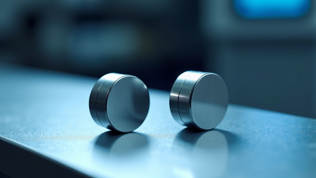 A close-up view of two neodymium magnets aligned on a metallic surface.