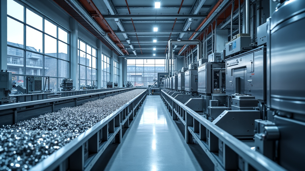 A professional photorealistic image of a pristine recycling facility interior featuring stainless steel machinery and organized metal materials.