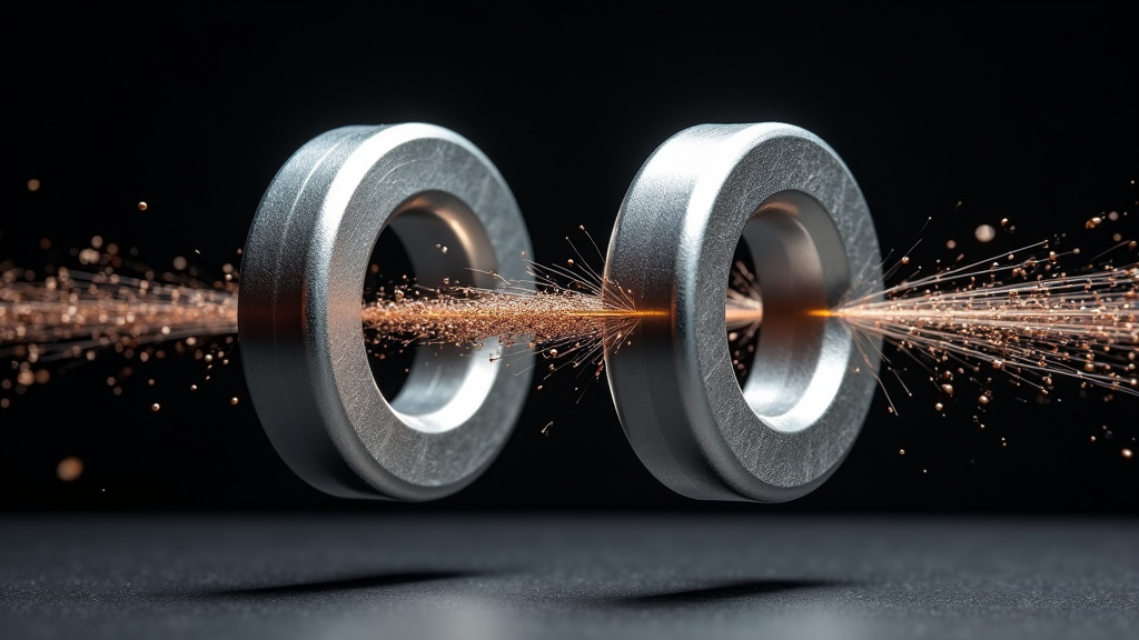 An extreme close-up macro photograph of two silvery rare earth magnets suspended in mid-air with visible magnetic field lines and intricate iron filings patterns, set against a black background.