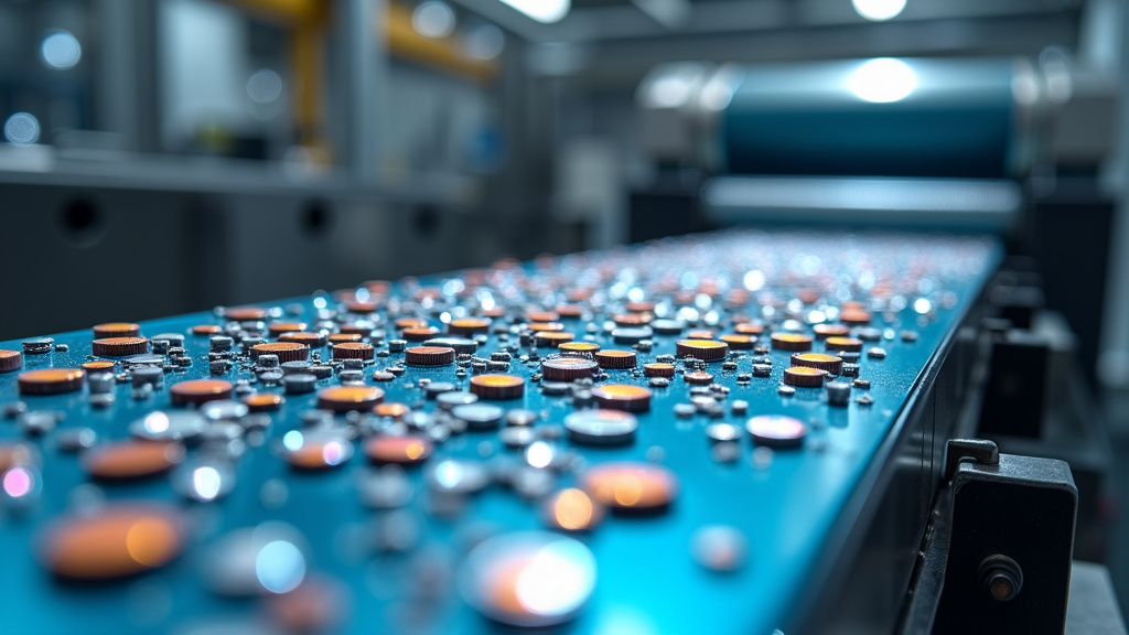 Closeup of rare earth metals being processed in a recycling facility with neodymium magnets and electronic components.