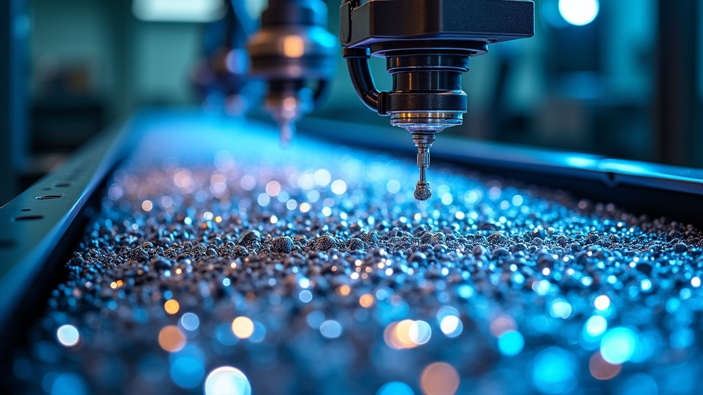 Close-up of rare earth metals being sorted on a recycling conveyor belt with robotic arms