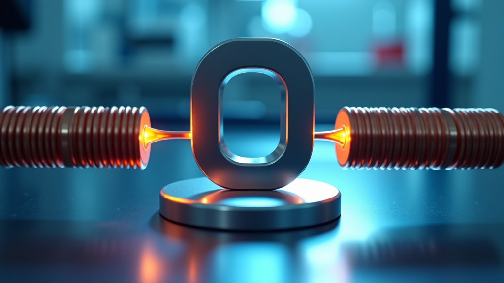 A photorealistic close-up of a sleek rare earth magnet levitating between two copper coils in a laboratory.