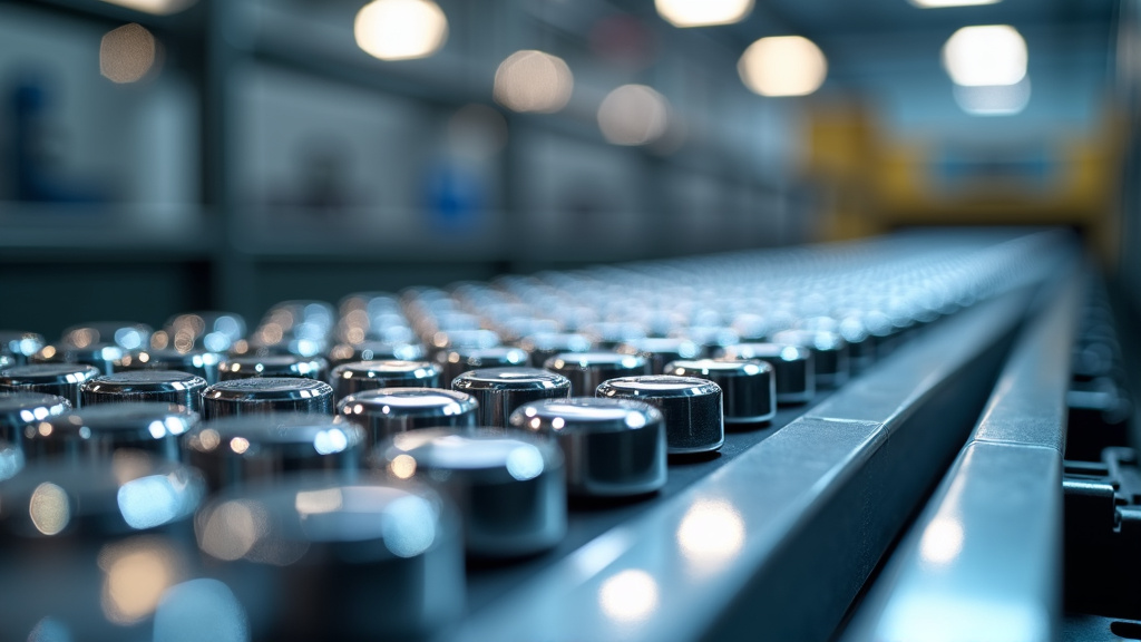 Close-up of shiny metallic rare earth magnets being sorted on a conveyor belt in a recycling facility.