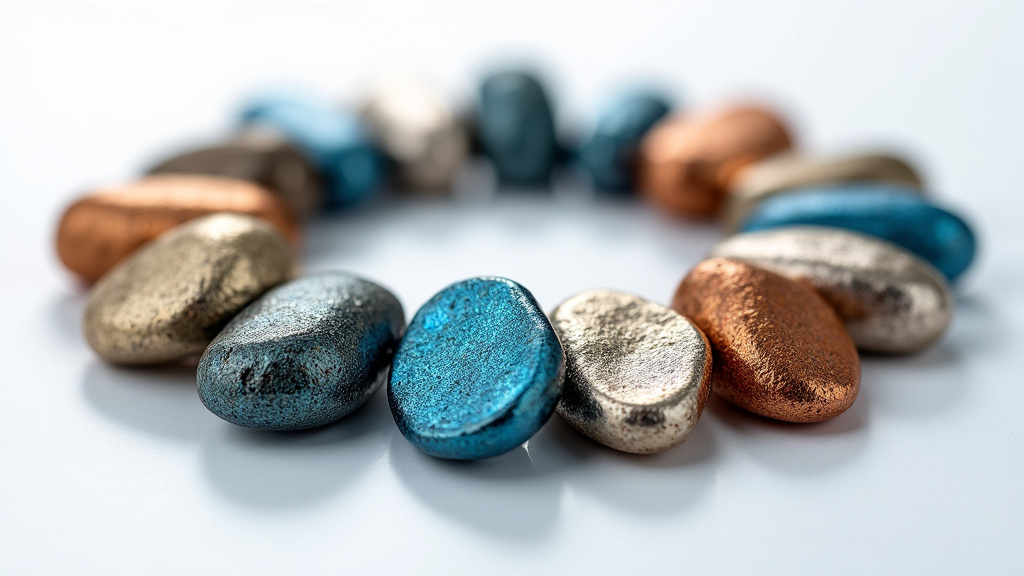 A close-up of gleaming, polished rare earth metals in various colors arranged in a circular pattern against a white background.