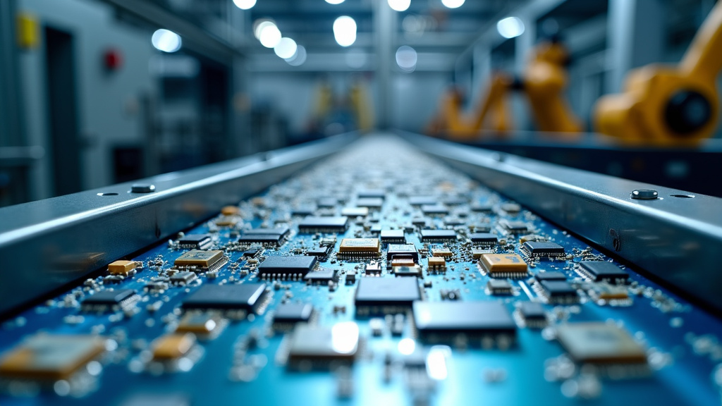 Close-up shot of rare earth metals being processed in a modern recycling facility with shimmering circuit boards on a conveyor belt.