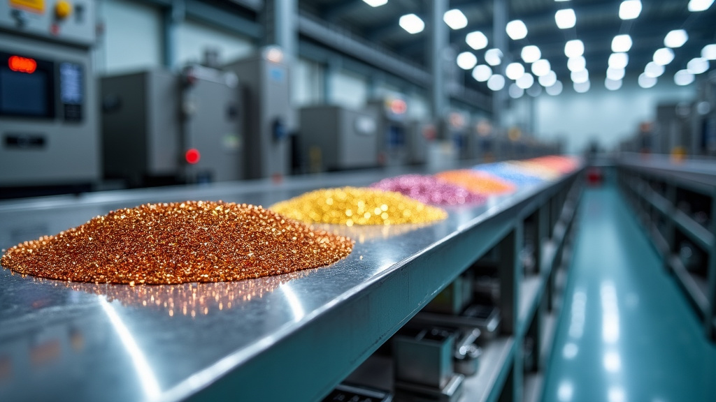 A photorealistic industrial scene with rows of gleaming rare earth metals in various colors on sleek metal shelving in a modern warehouse.