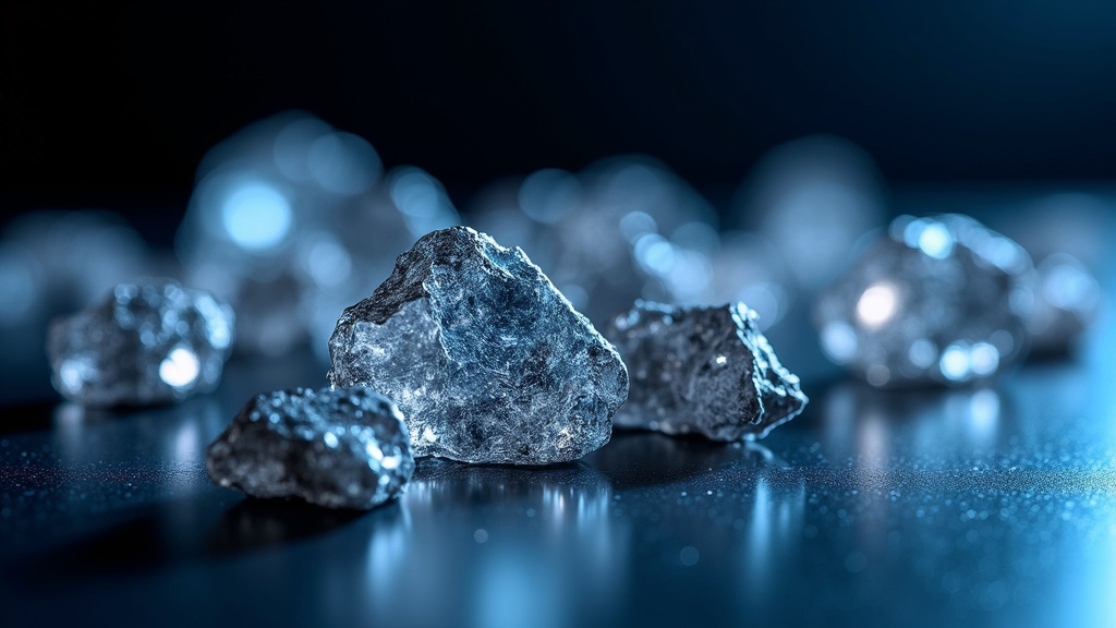 A professional photograph of raw gallium and germanium minerals with metallic luster against a dark background.