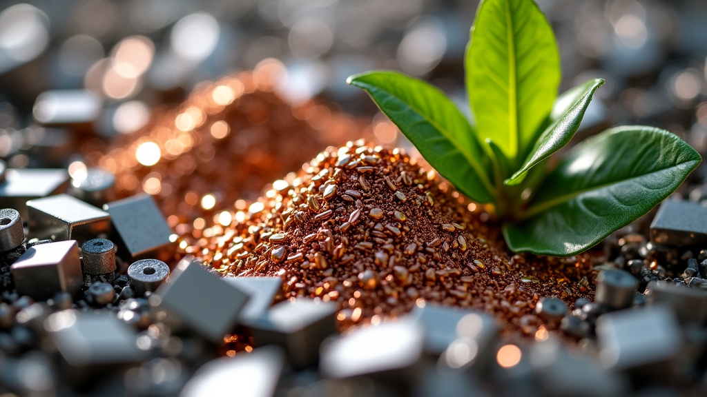 A dynamic industrial photograph of shiny, sorted piles of recycled metal scraps under natural lighting, featuring a leafy green plant symbolizing sustainability.