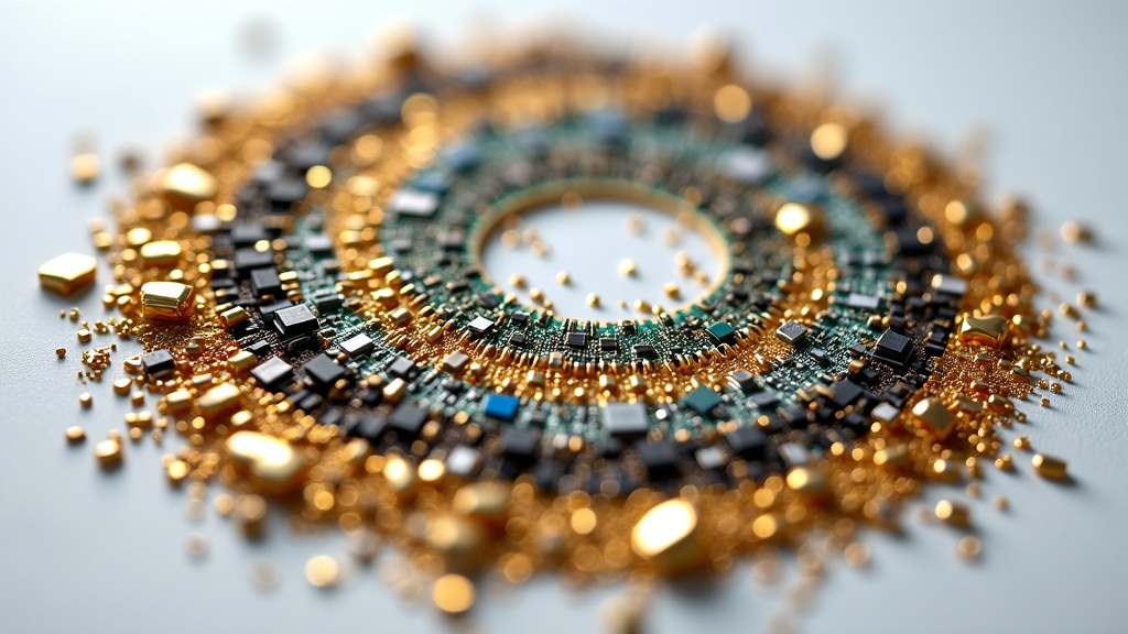 A close-up photorealistic shot of recycled rare earth metals and electronic components in a spiral pattern on a white background.