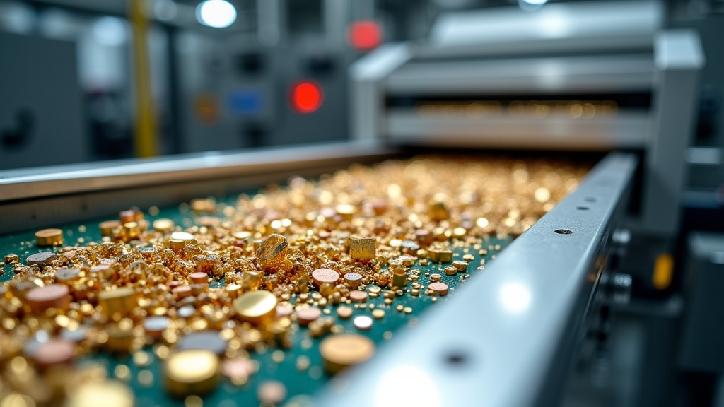 A close-up image showcasing recycled rare earth metals and electronic components on a modern conveyor belt with advanced machinery.