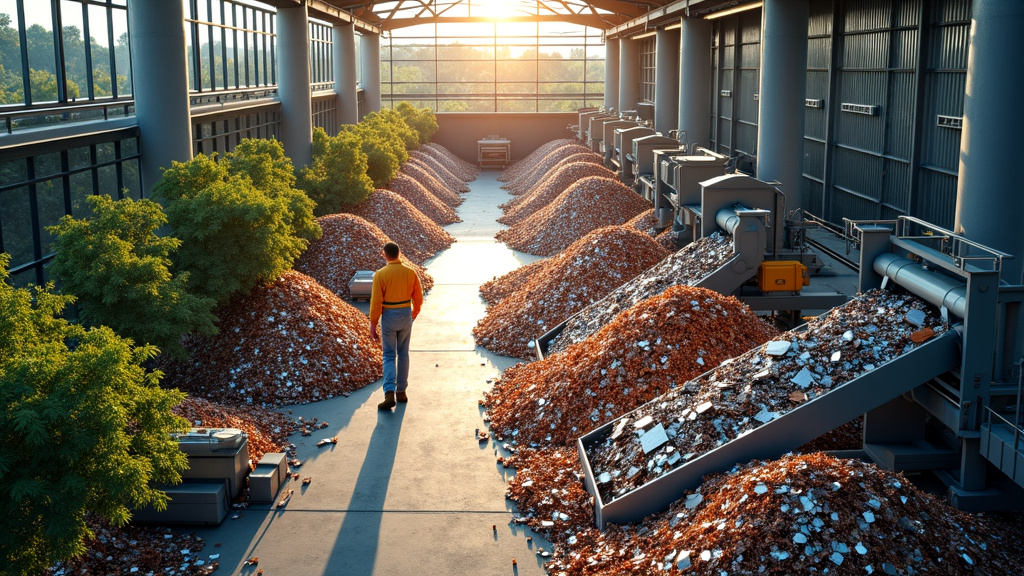 Aerial view of a modern recycling facility showcasing organized metal materials in sunlight.