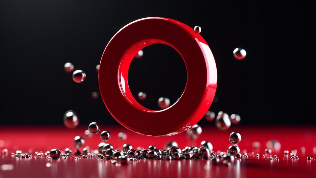 A sleek, modern red neodymium magnet levitating above a glossy surface, with metallic objects being pulled towards it.