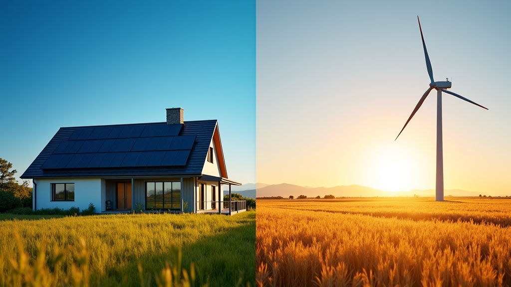 A modern split-image photograph comparing a sleek suburban home with solar panels and a tall wind turbine in a rural setting.