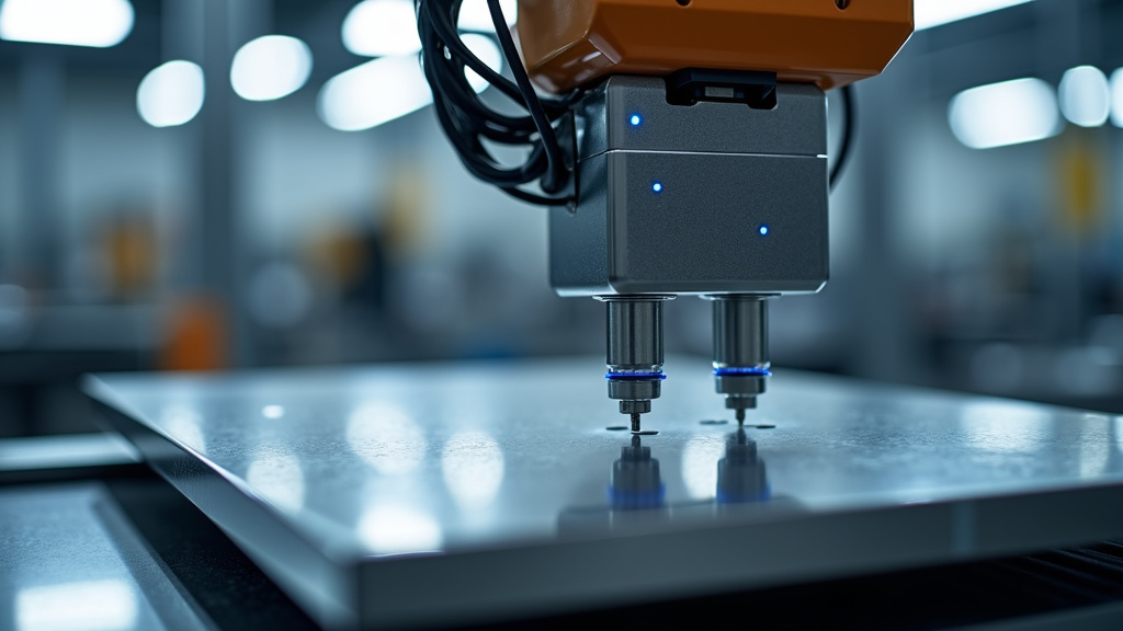 A close-up of a modern industrial robotic arm holding a polished steel plate with LED indicators.