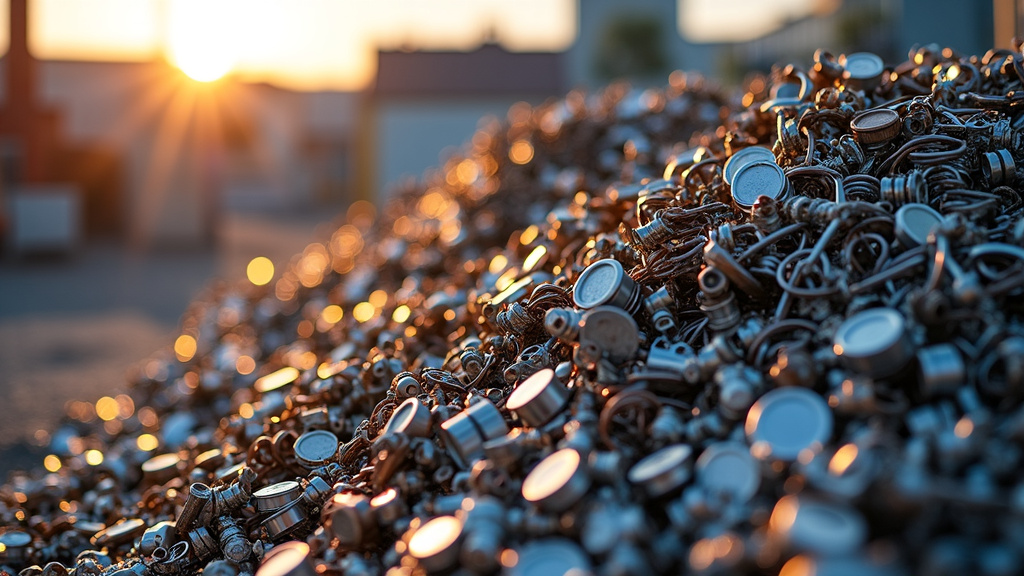 Neatly organized piles of sorted scrap metal in a clean recycling yard under natural sunlight.