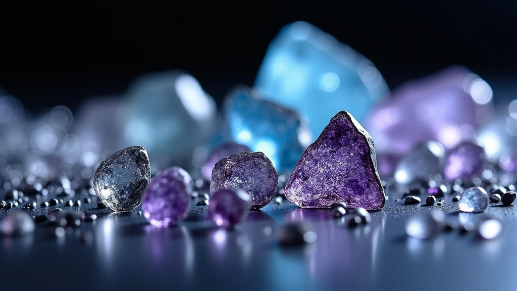 A close-up of shimmering rare earth metals in various colors on a dark background.