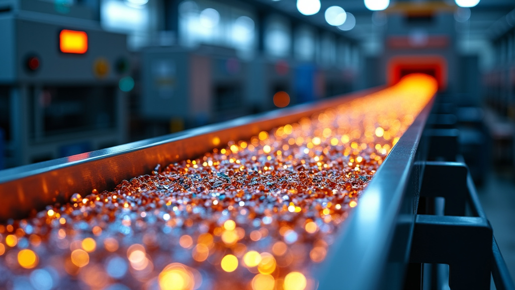 A close-up of shimmering rare earth metals being processed in a recycling facility.