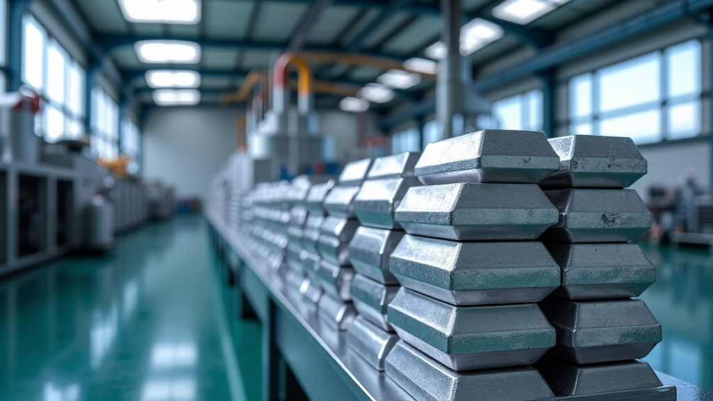 A modern image of shiny recycled aluminum ingots stacked in an industrial setting with soft natural lighting.