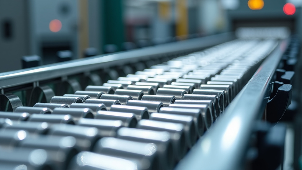 Close-up image of shiny silver neodymium magnets being sorted on a recycling conveyor belt with some attracting to each other.