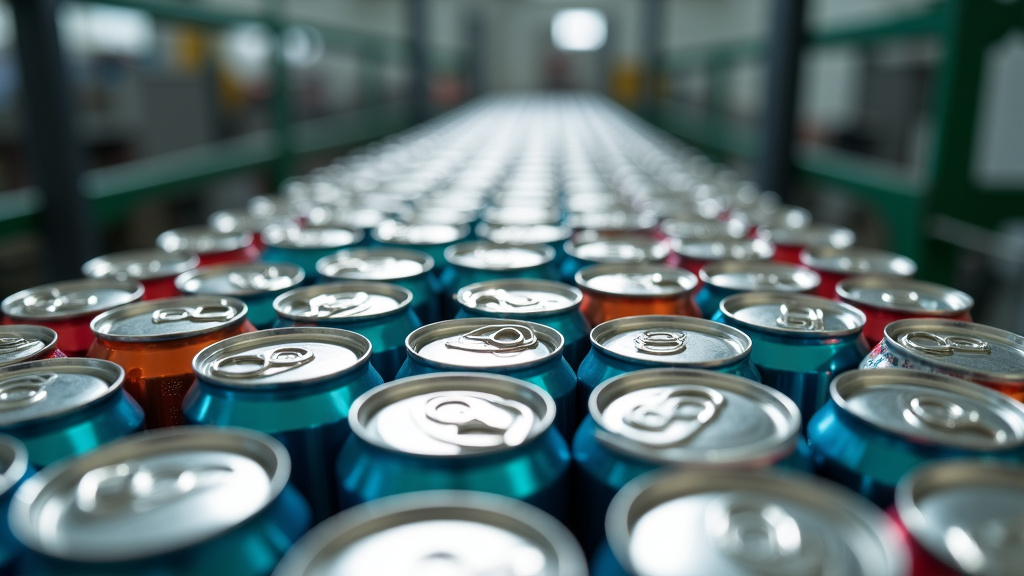 Close-up of shiny, crushed aluminum cans on a recycling conveyor belt under soft natural lighting.