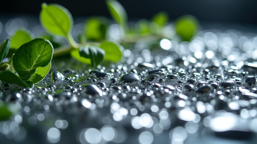 Close-up of shiny crushed aluminum cans being transformed into a fresh aluminum sheet with green leaves.