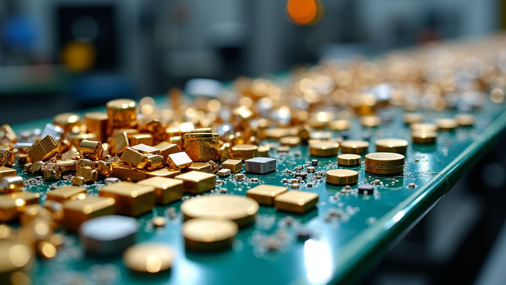 Close-up of shiny, multicolored rare earth metals and electronic components on a conveyor belt in a recycling facility.