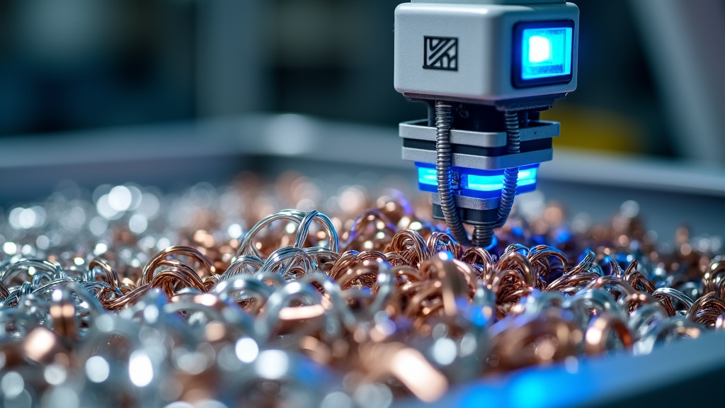 Close-up of shiny, twisted metal scraps sorted by a robotic arm in a clean industrial environment.