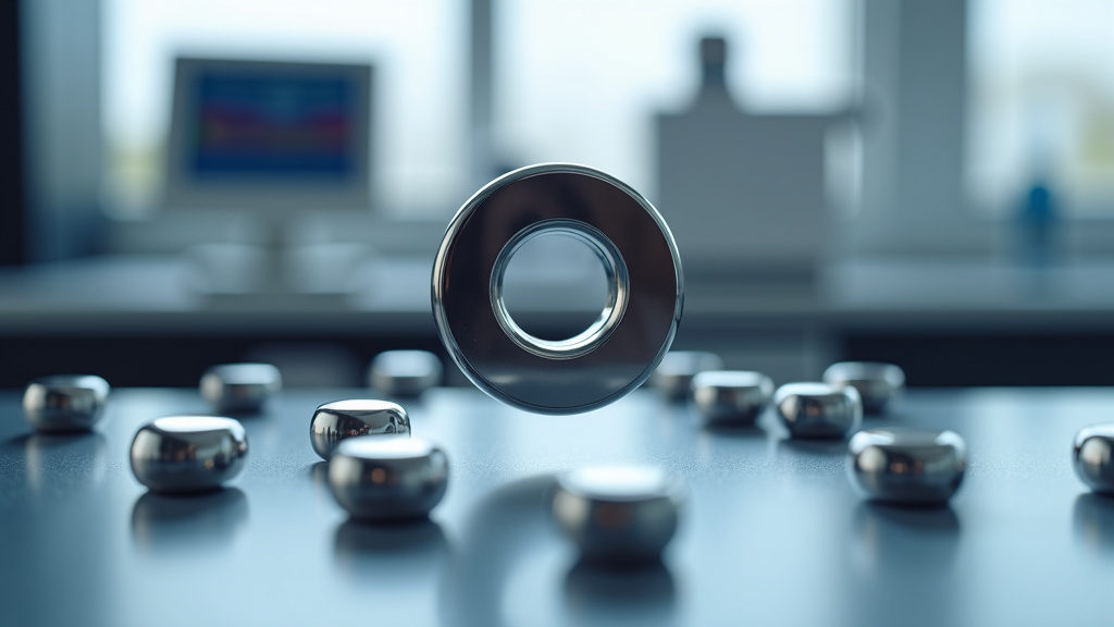 A sleek silver neodymium magnet levitating between metallic surfaces in a laboratory setting, demonstrating its magnetic field.