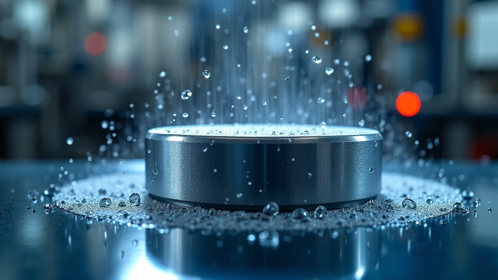 Close-up of a metallic samarium cobalt magnet in an industrial setting with heat waves and water droplets.