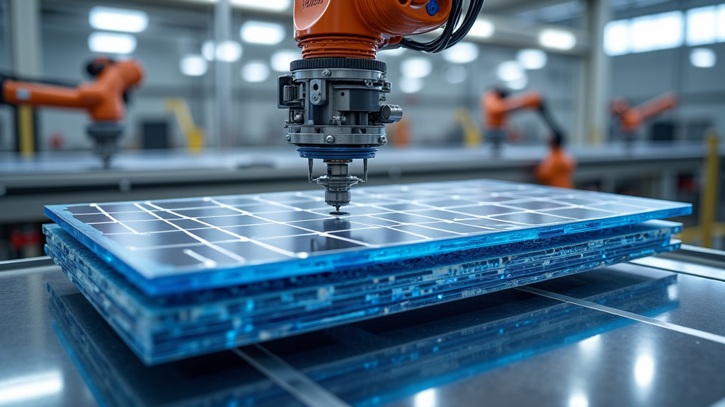 A close-up of a partially disassembled solar panel in a recycling facility with robotic separation.