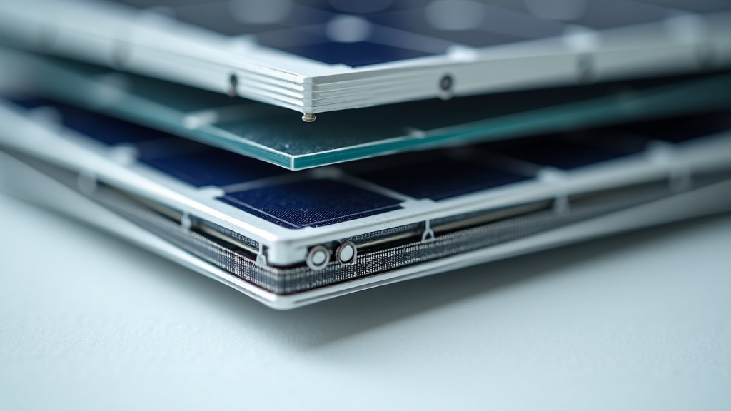 Closeup of a partially disassembled solar panel showing layers of glass, silicon cells, and aluminum frame on a white workbench.