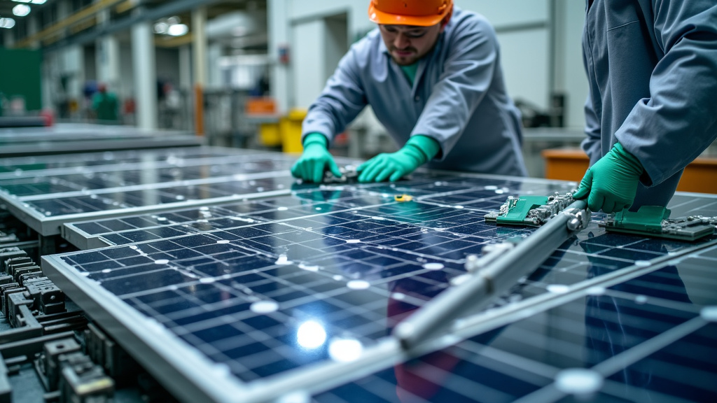 Close-up shot of solar panels being disassembled in a recycling facility with workers in protective gear.