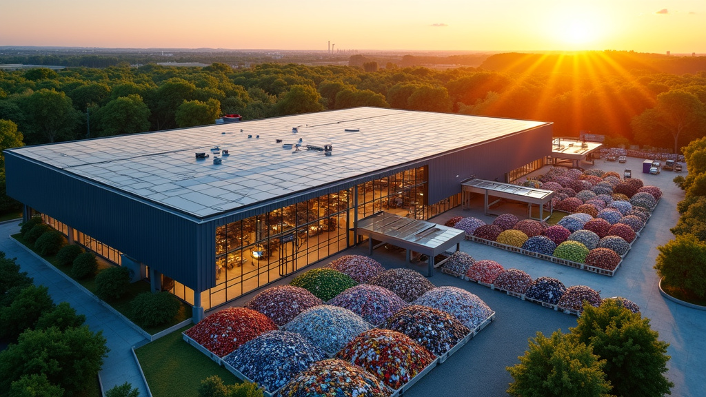 Aerial view of a modern recycling facility at sunset with solar panels and colorful sorted materials.