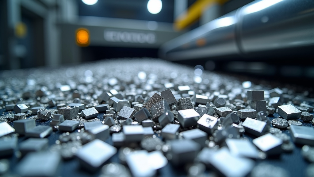 Photorealistic close-up of shiny titanium metal shavings on an industrial conveyor belt.