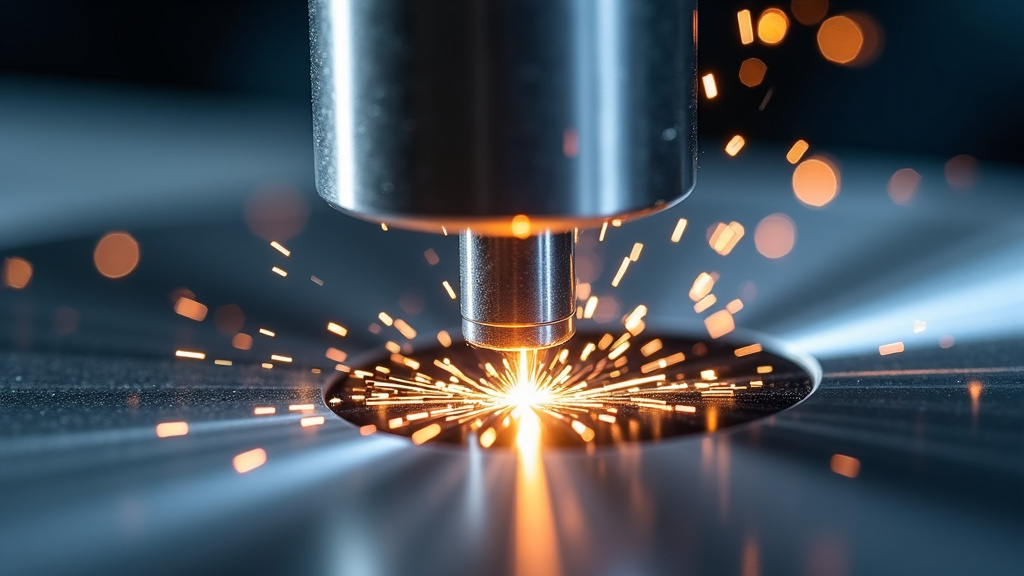 Close-up of a polished titanium turbine blade being ground with sparks flying.