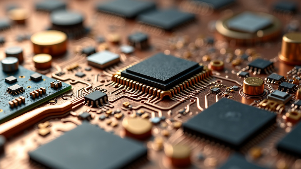 Close-up of twisted metal and circuit boards depicting rare earth metals recycling, featuring copper, gold, silver, and platinum for a metallic texture.