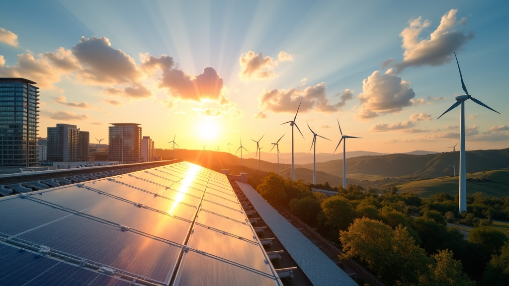 A photorealistic landscape showing a split between urban roofscape with solar panels and rural hills with wind turbines during golden hour.