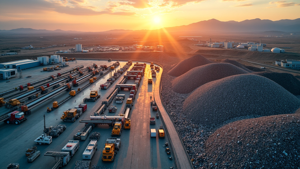 A dramatic aerial view contrasting a modern recycling facility and a sprawling landfill.