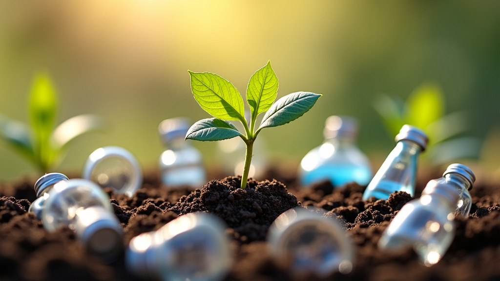 A close-up of a young seedling growing from soil surrounded by recyclable materials in natural light.