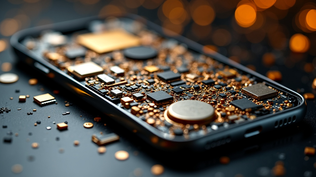 A broken smartphone displayed on a dark reflective surface, exposing internal circuit boards and metallic components.