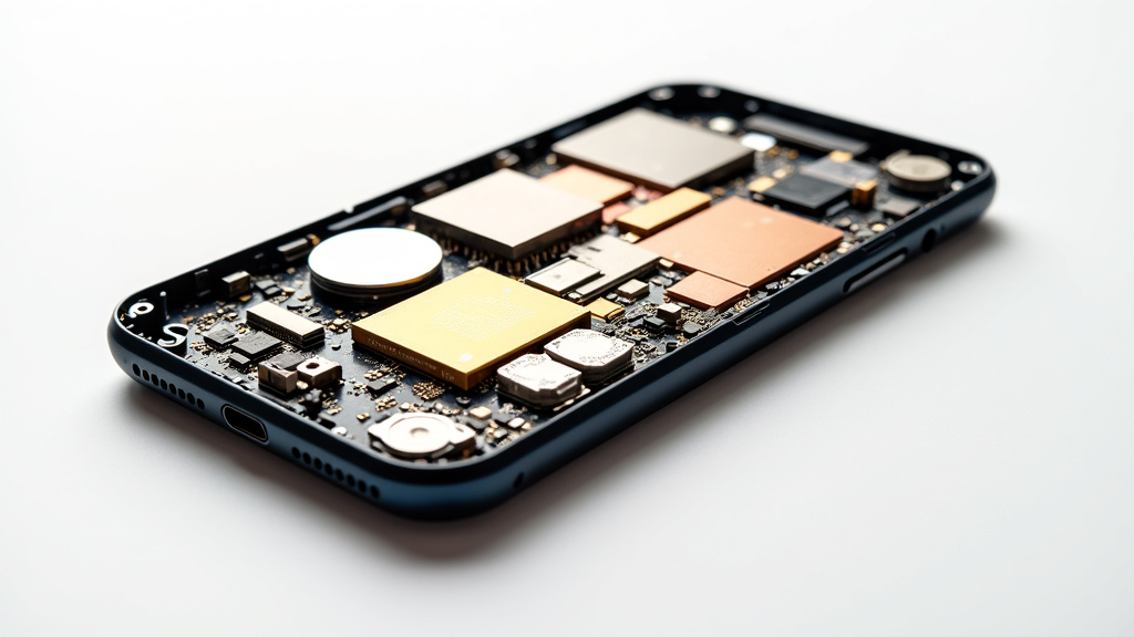 Hyper-realistic close-up photograph of a disassembled smartphone with exposed circuit boards and metallic components against a white background.